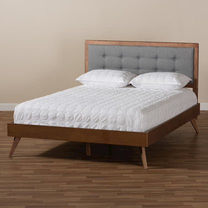 Dark Grey Fabric Upholstered Walnut Brown Finished Wood Full Size Platform Bed