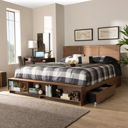 Wood King Size 4-Drawer Platform Storage Bed with Built-In Shelves