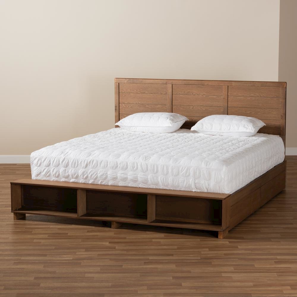 Wood King Size 4-Drawer Platform Storage Bed with Built-In Shelves