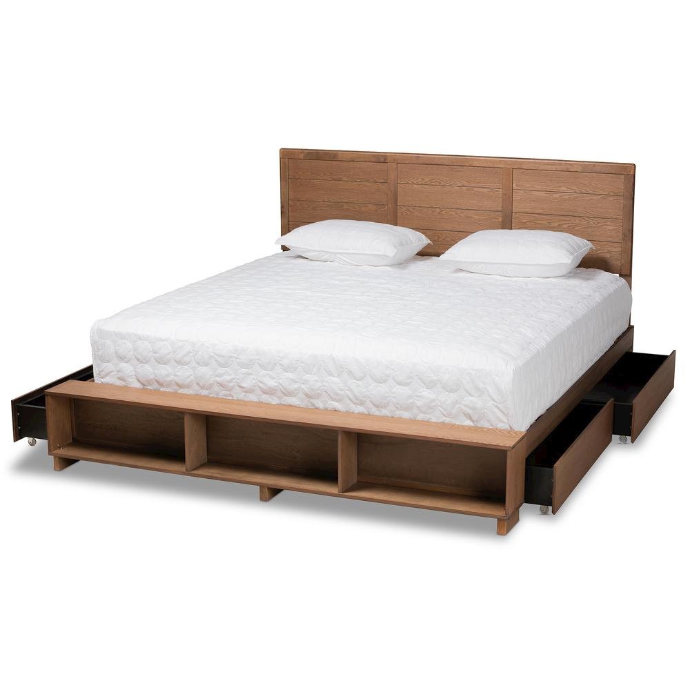 Wood King Size 4-Drawer Platform Storage Bed with Built-In Shelves