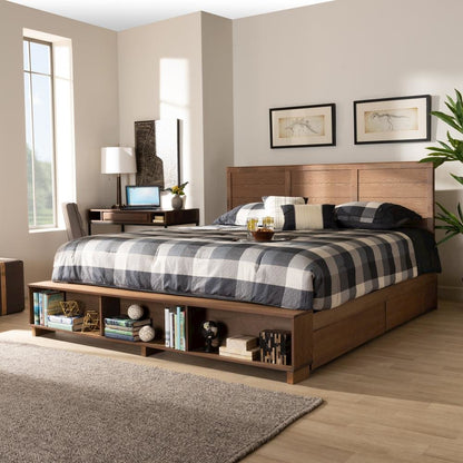 Wood King Size 4-Drawer Platform Storage Bed with Built-In Shelves