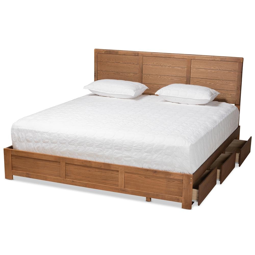 Walnut Brown Finished Wood King Size 3-Drawer Platform Storage Bed