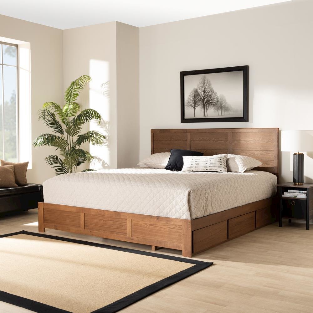 Walnut Brown Finished Wood King Size 3-Drawer Platform Storage Bed
