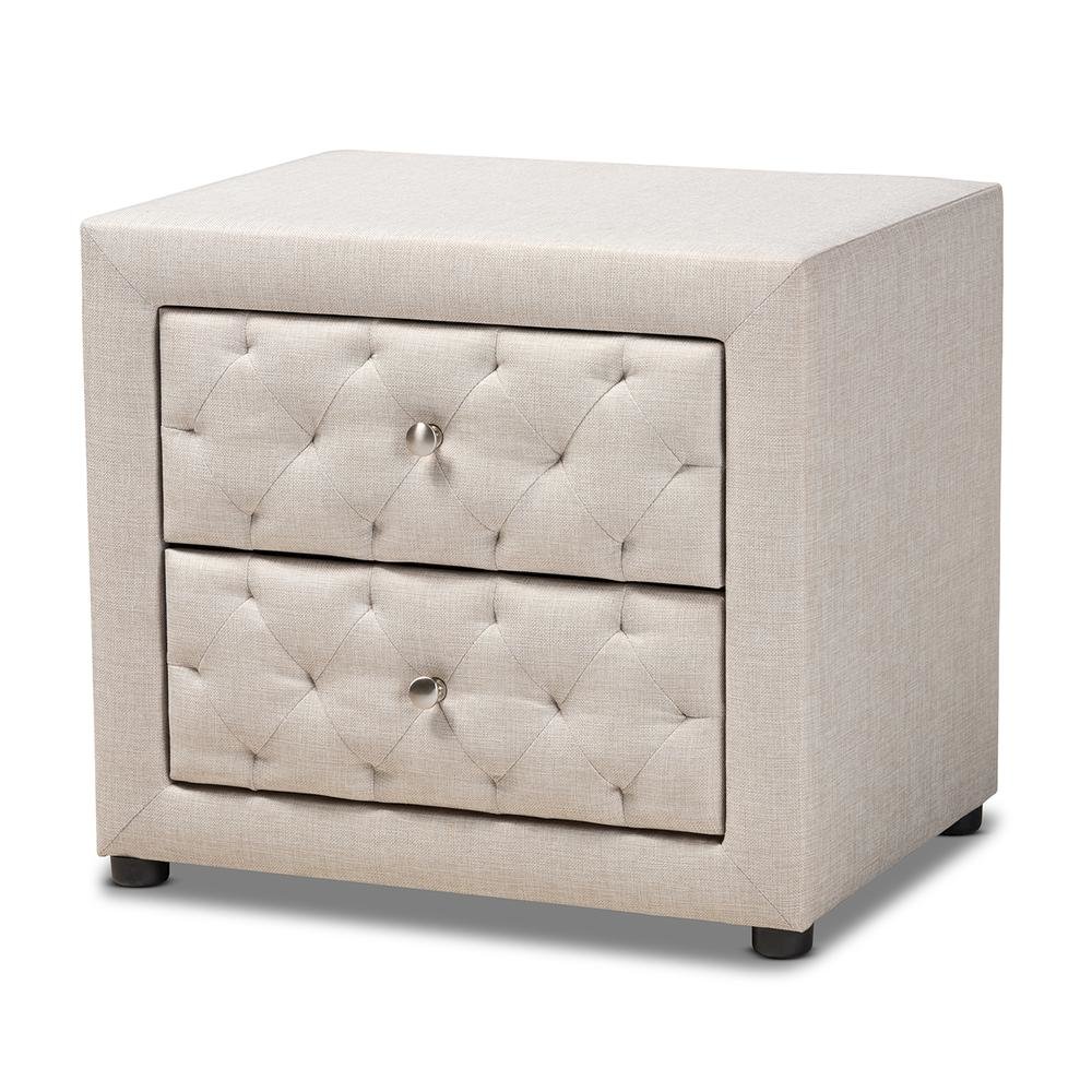 Light Beige Fabric Upholstered 2-Drawer Wood Nightstand