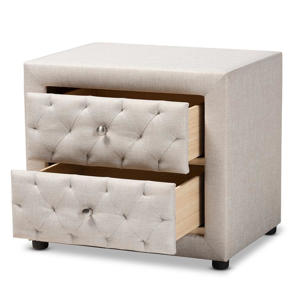 Light Beige Fabric Upholstered 2-Drawer Wood Nightstand