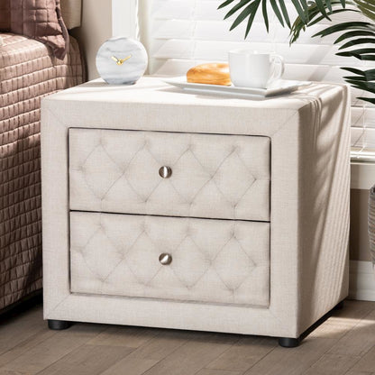 Light Beige Fabric Upholstered 2-Drawer Wood Nightstand