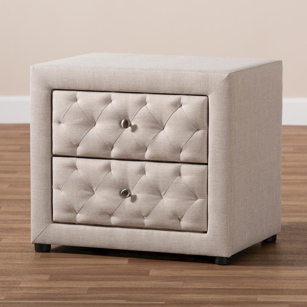 Light Beige Fabric Upholstered 2-Drawer Wood Nightstand