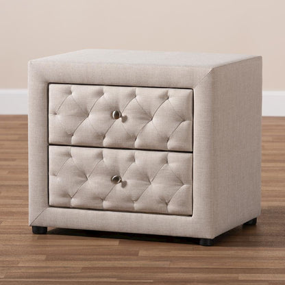 Light Beige Fabric Upholstered 2-Drawer Wood Nightstand