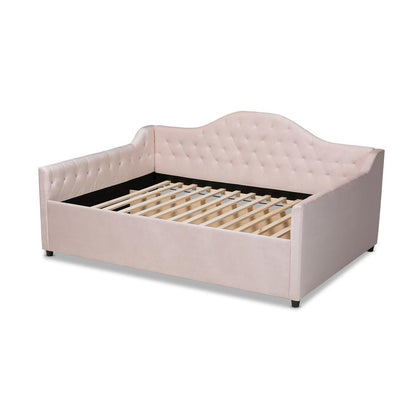 Light Pink Velvet Fabric Upholstered and Button Tufted Queen Size Daybed