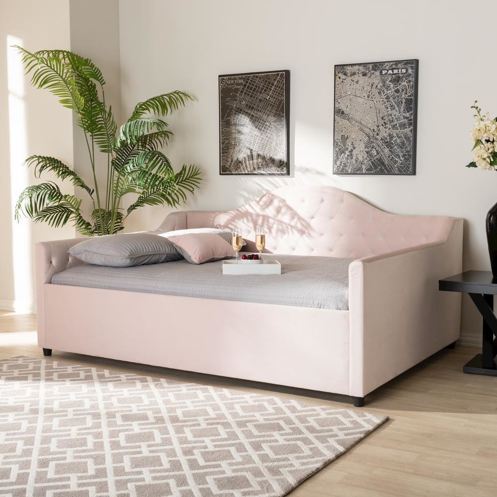Light Pink Velvet Fabric Upholstered and Button Tufted Queen Size Daybed