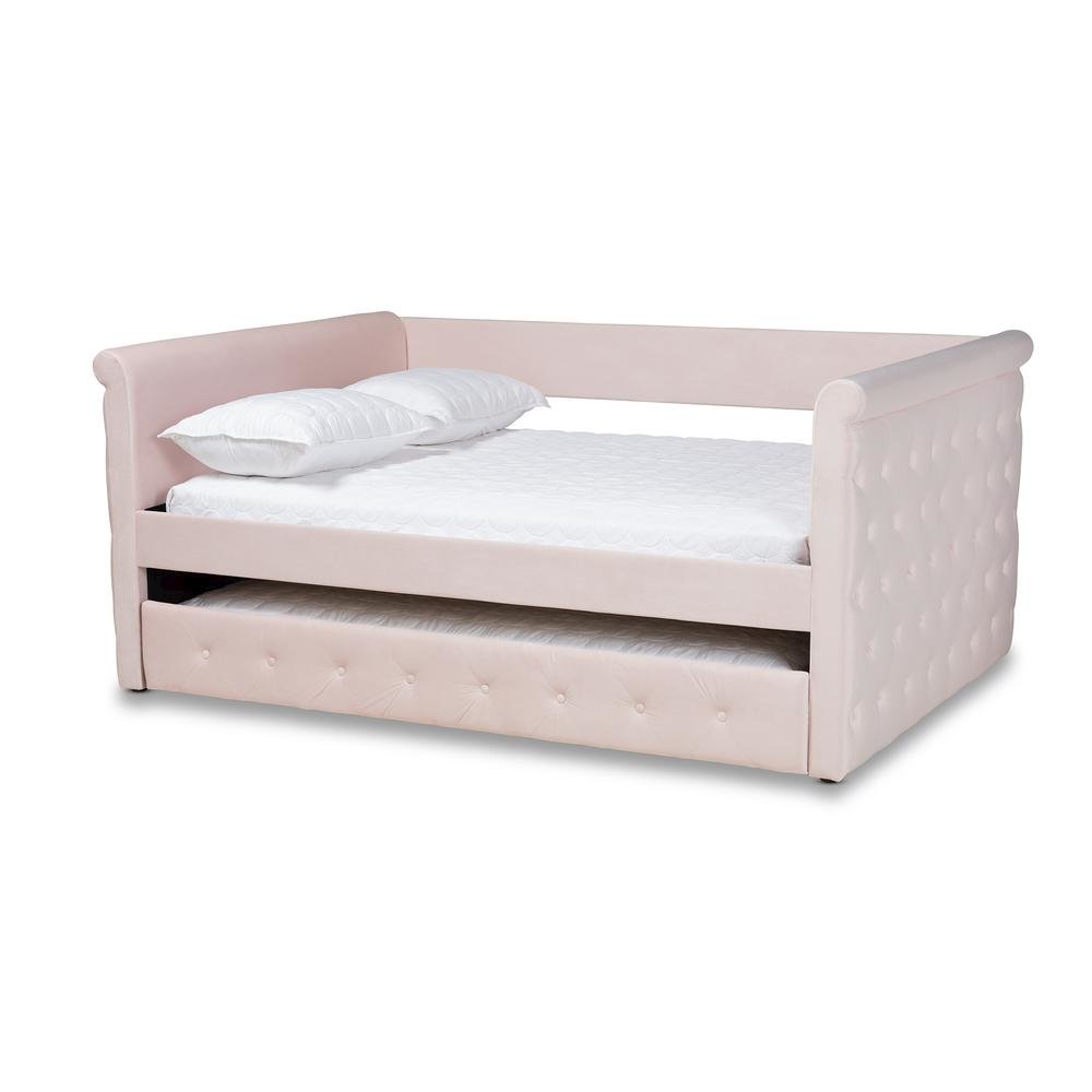 Light Pink Velvet Fabric Upholstered Full Size Daybed with Trundle