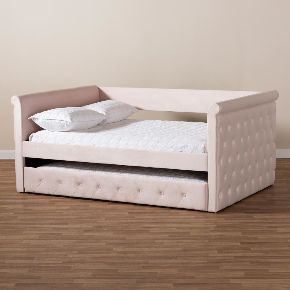 Light Pink Velvet Fabric Upholstered Full Size Daybed with Trundle