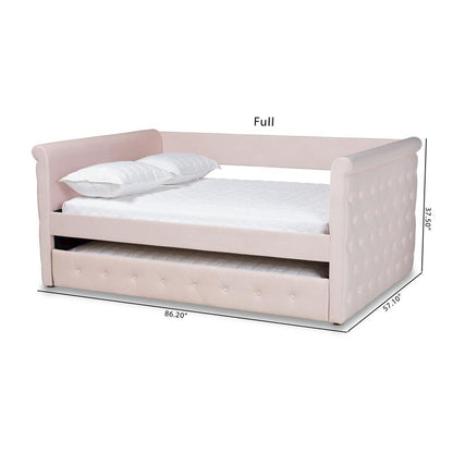 Light Pink Velvet Fabric Upholstered Full Size Daybed with Trundle