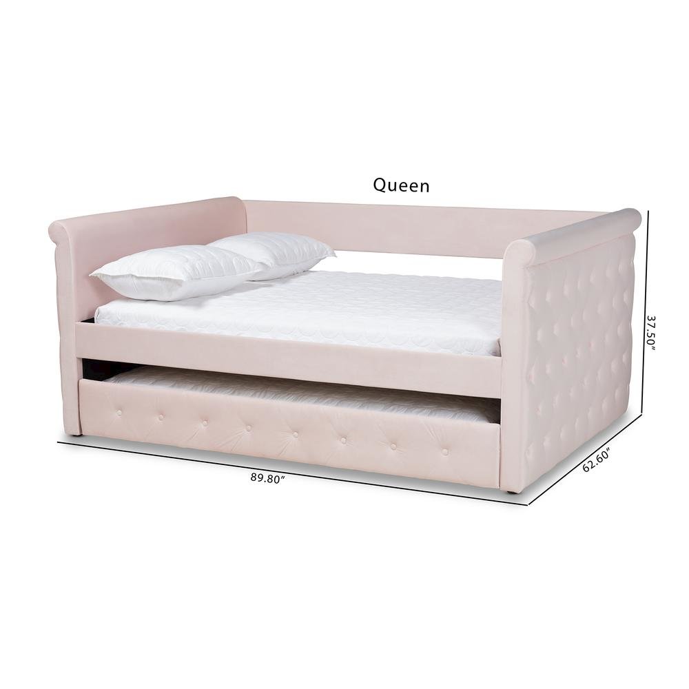 Light Pink Velvet Fabric Upholstered Full Size Daybed with Trundle