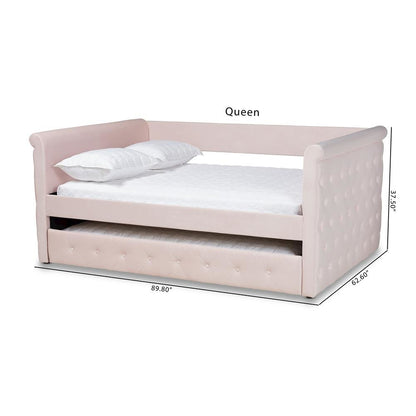 Light Pink Velvet Fabric Upholstered Full Size Daybed with Trundle