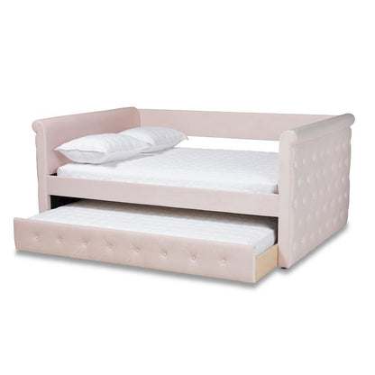Light Pink Velvet Fabric Upholstered Full Size Daybed with Trundle