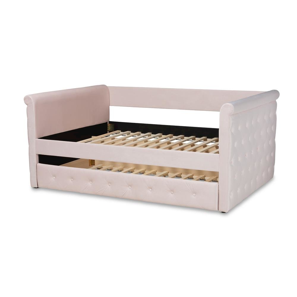 Light Pink Velvet Fabric Upholstered Full Size Daybed with Trundle