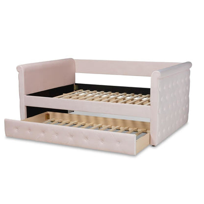 Light Pink Velvet Fabric Upholstered Full Size Daybed with Trundle