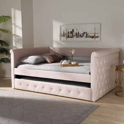 Light Pink Velvet Fabric Upholstered Full Size Daybed with Trundle