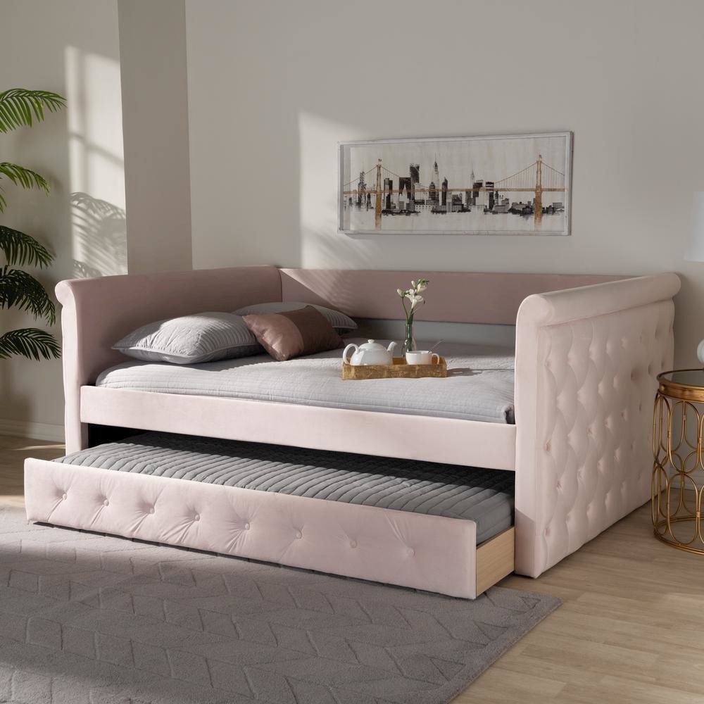 Light Pink Velvet Fabric Upholstered Full Size Daybed with Trundle