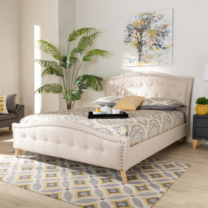 Beige Fabric Upholstered and Button Tufted King Size Platform Bed