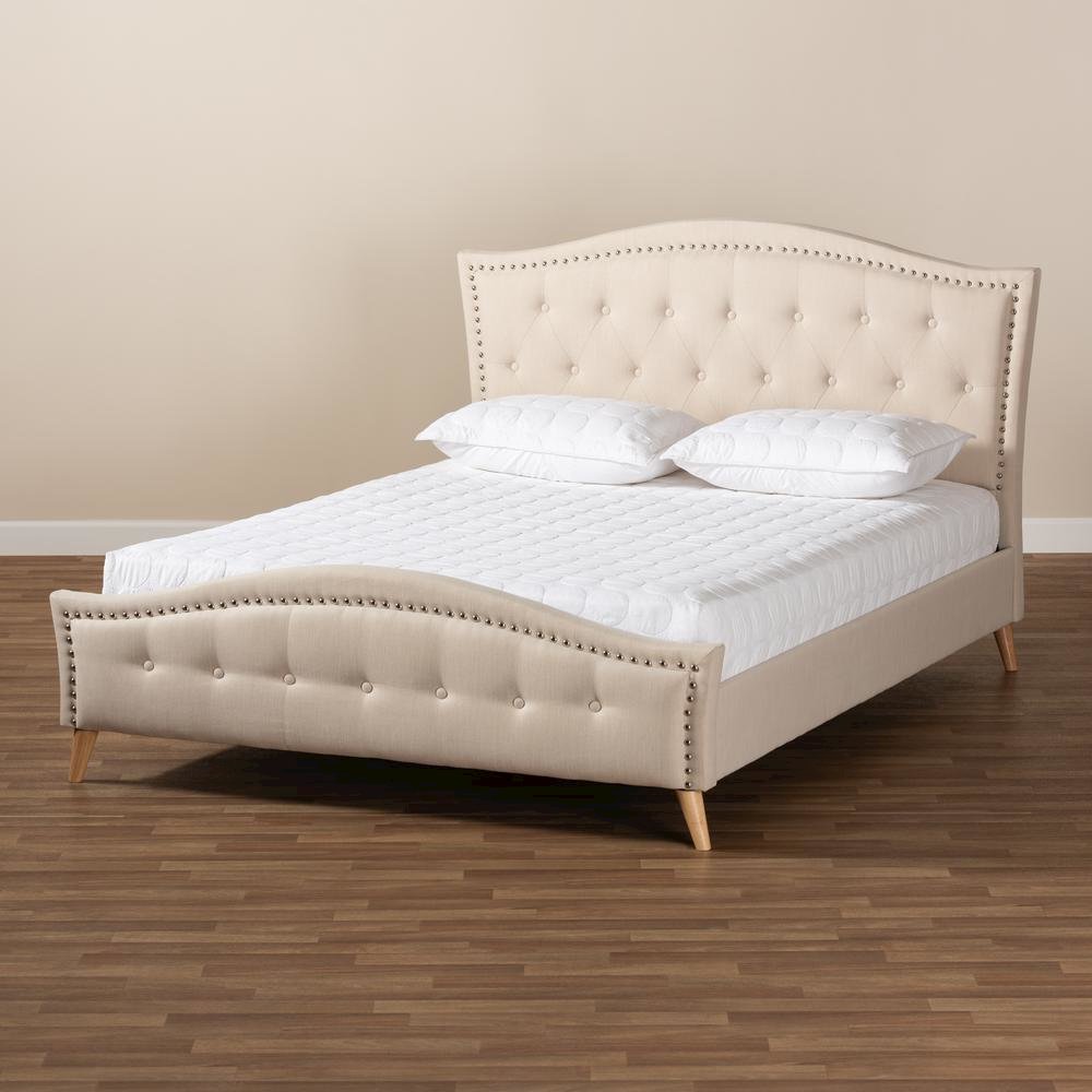 Beige Fabric Upholstered and Button Tufted King Size Platform Bed