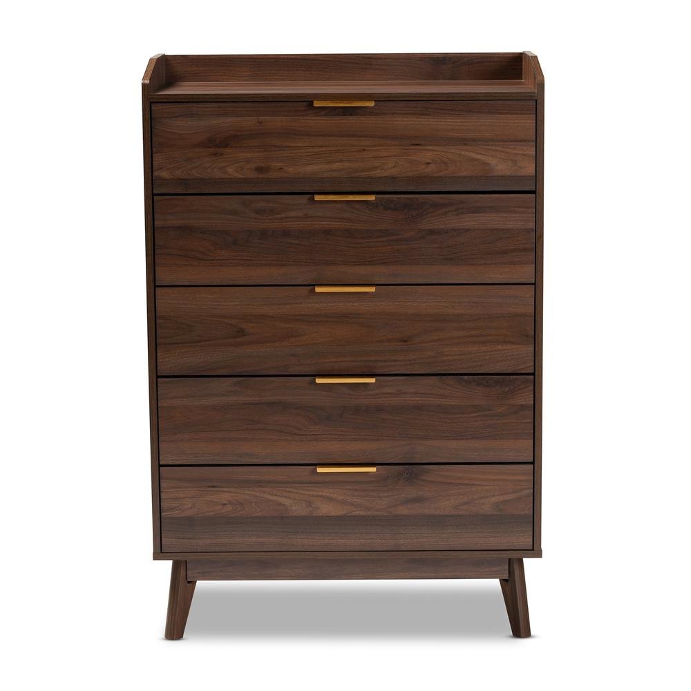 Lena Mid-Century Modern Walnut Brown Finished 5-Drawer Wood Chest