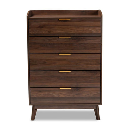 Lena Mid-Century Modern Walnut Brown Finished 5-Drawer Wood Chest