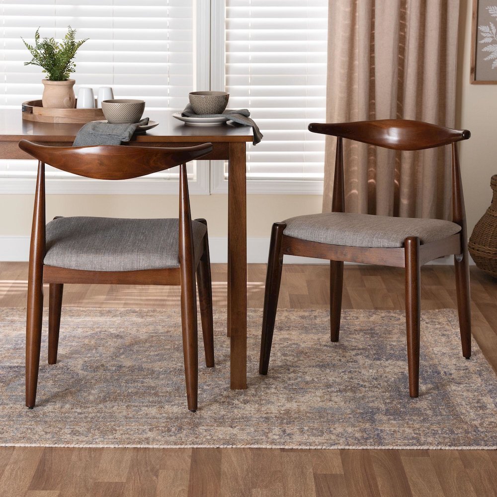 Light Gray Fabric Upholstered Walnut Finished Wood Dining Chair Set of 2