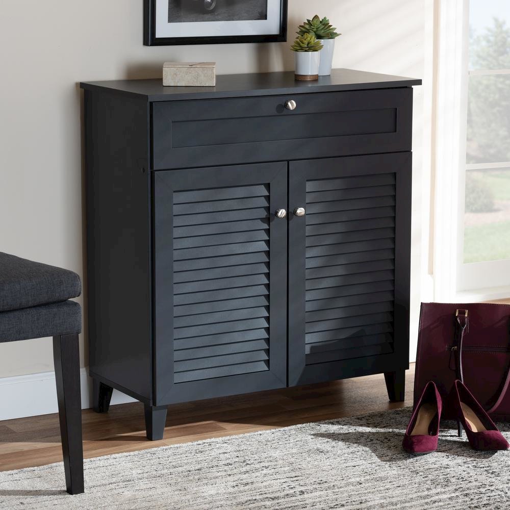 Dark Grey Finished 4-Shelf Wood Shoe Storage Cabinet with Drawer