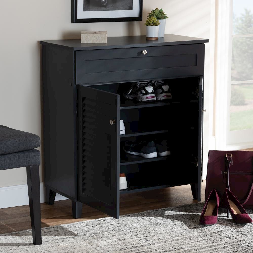 Dark Grey Finished 4-Shelf Wood Shoe Storage Cabinet with Drawer