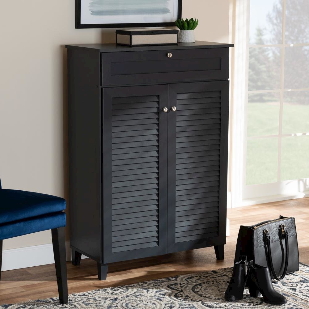 Dark Grey Finished 5-Shelf Wood Shoe Storage Cabinet with Drawer