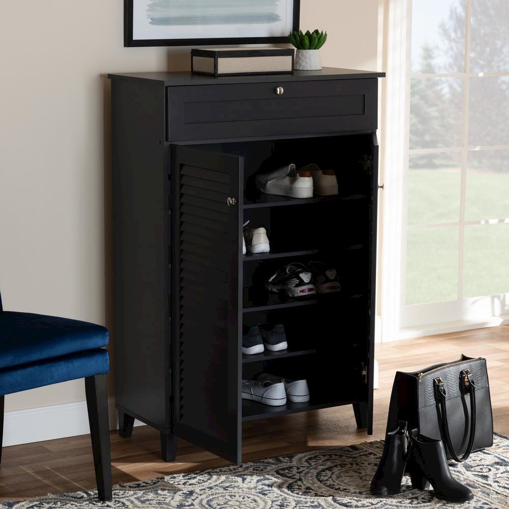 Dark Grey Finished 5-Shelf Wood Shoe Storage Cabinet with Drawer