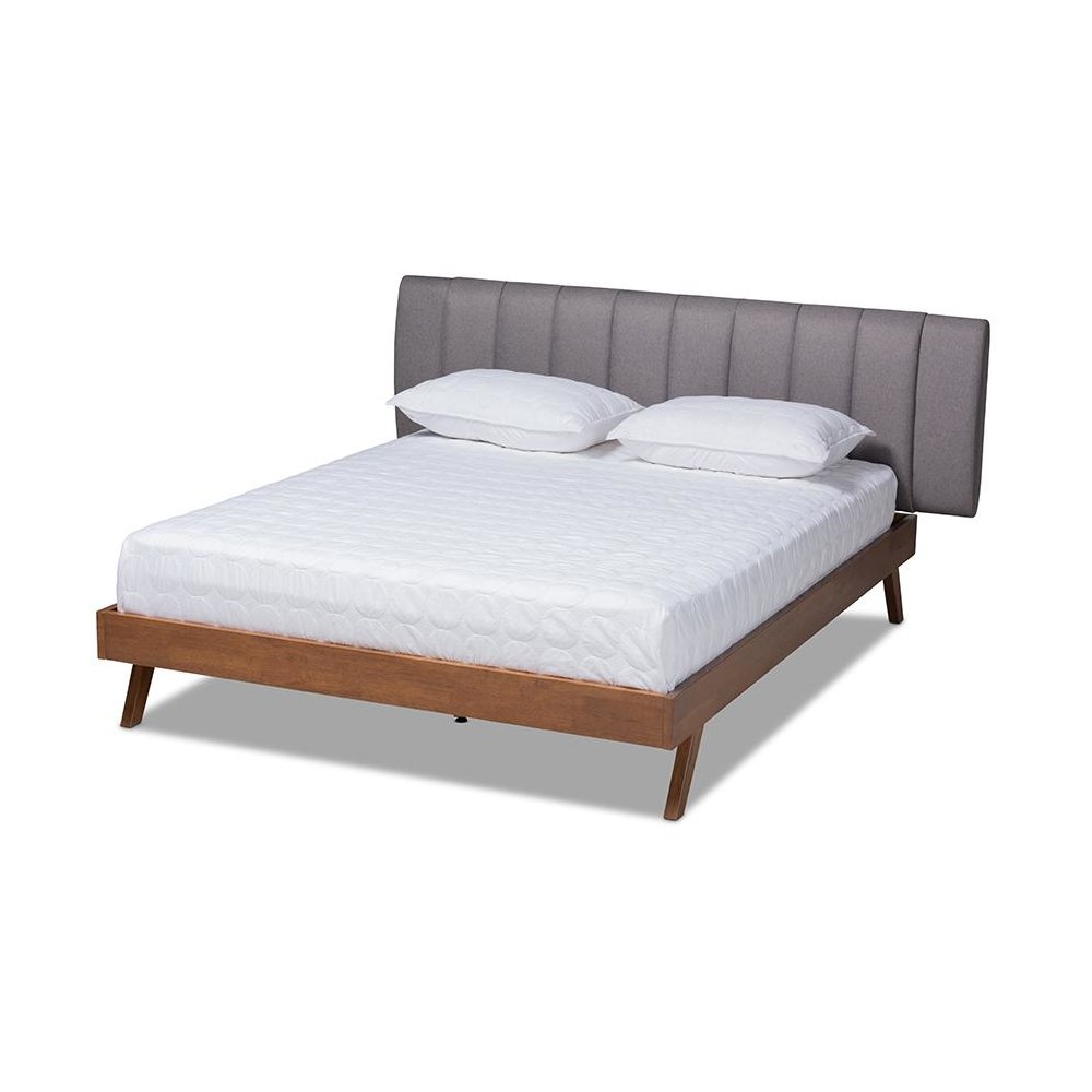 Grey Fabric Upholstered Walnut Finished Wood King Size Bed