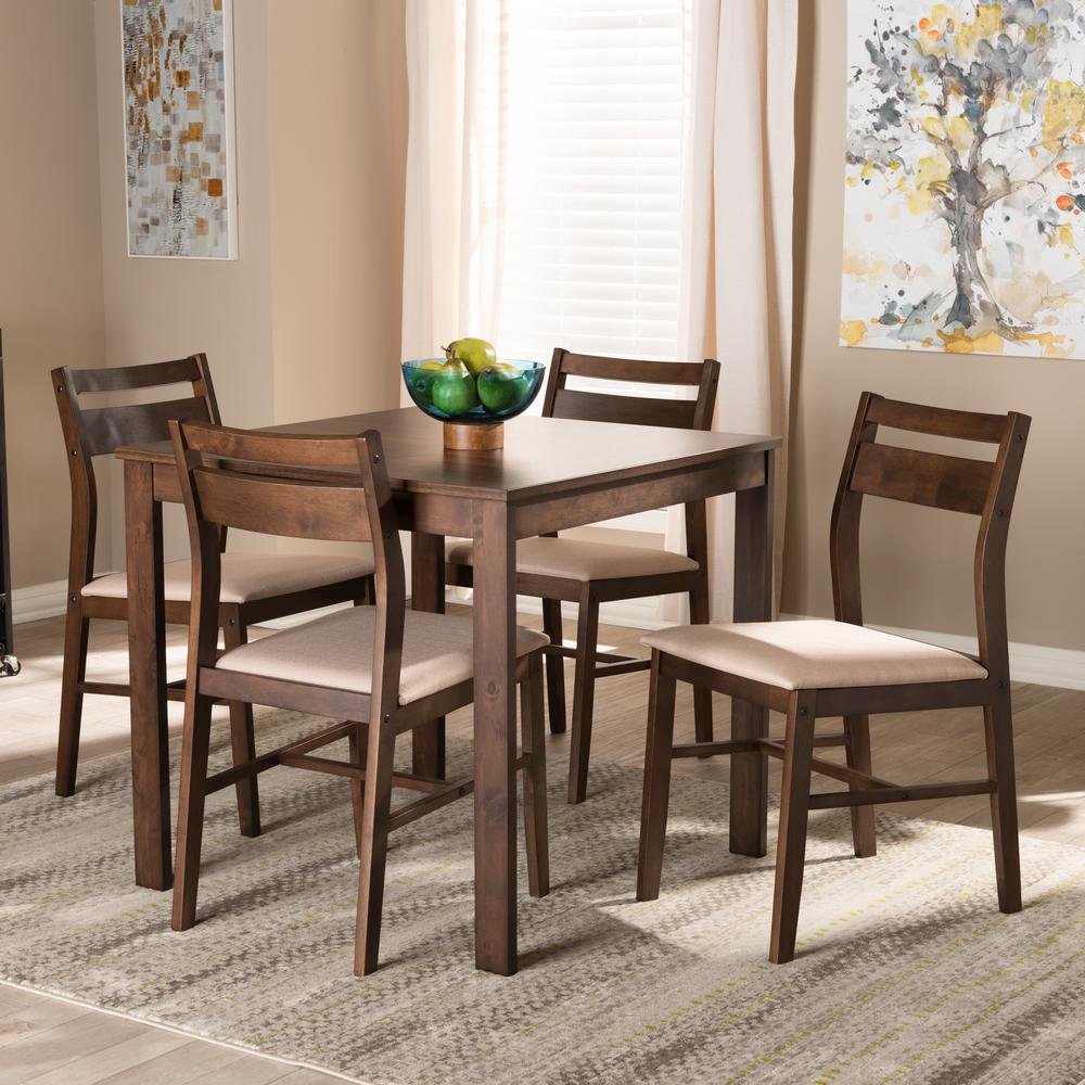 Beige Fabric Upholstered Dark Walnut-Finished 5-Piece Wood Dining Set