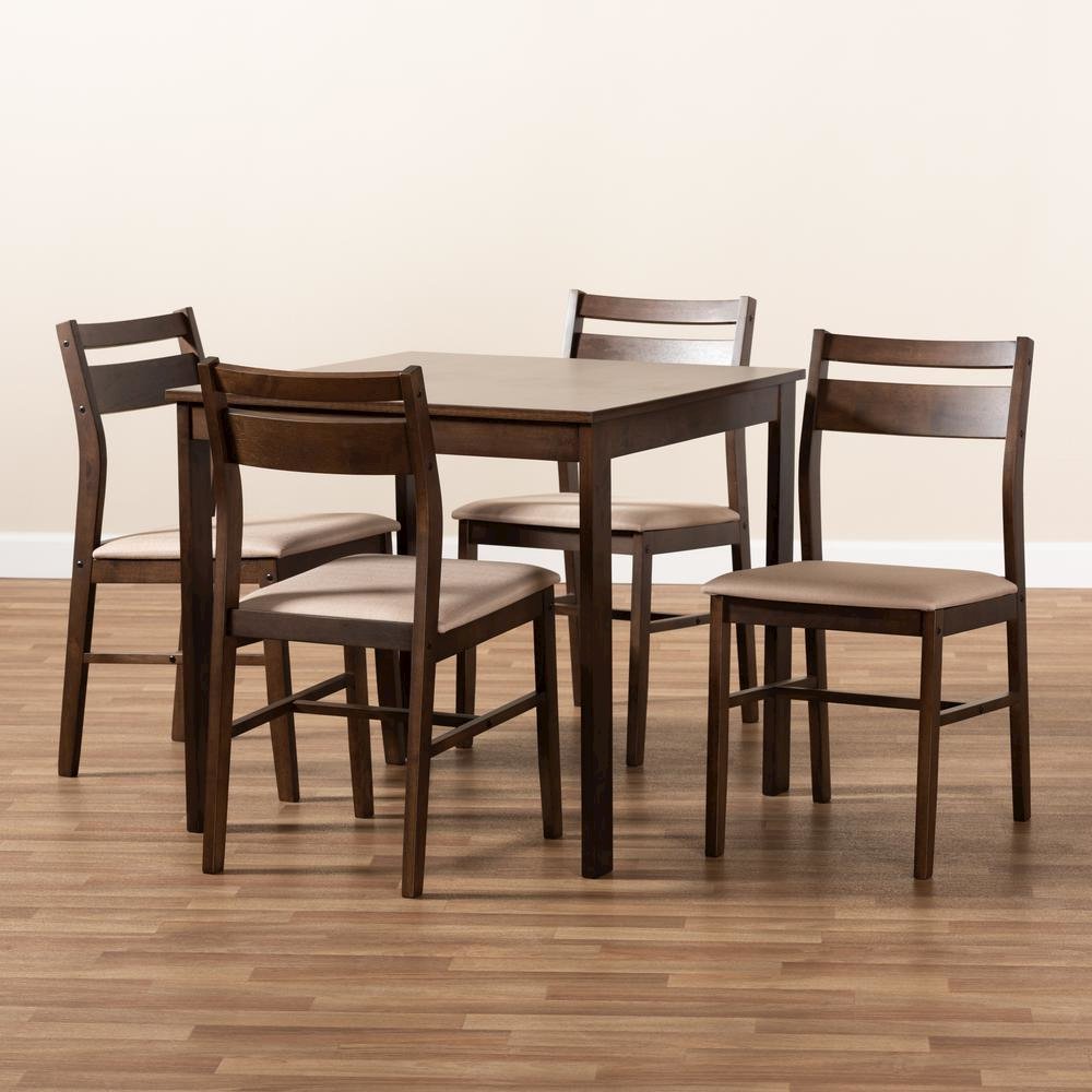 Beige Fabric Upholstered Dark Walnut-Finished 5-Piece Wood Dining Set