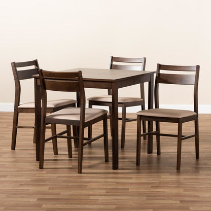 Beige Fabric Upholstered Dark Walnut-Finished 5-Piece Wood Dining Set