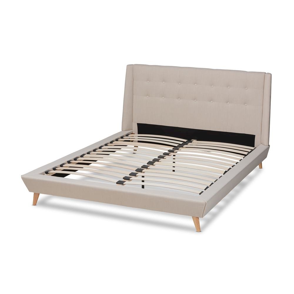 Naya Mid-Century Modern Beige Fabric Upholstered King Size Wingback Platform Bed