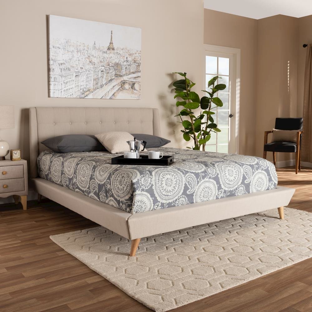 Naya Mid-Century Modern Beige Fabric Upholstered King Size Wingback Platform Bed