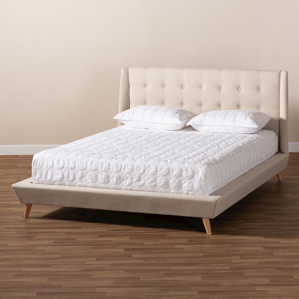 Naya Mid-Century Modern Beige Fabric Upholstered King Size Wingback Platform Bed