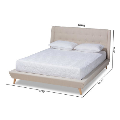 Naya Mid-Century Modern Beige Fabric Upholstered King Size Wingback Platform Bed