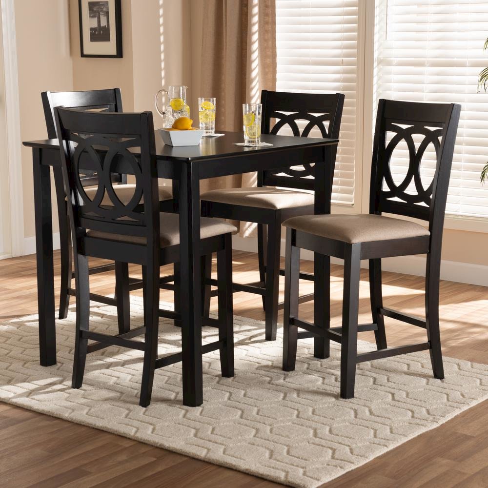 Sand Fabric Upholstered Espresso Brown Finished 5-Piece Wood Pub Set