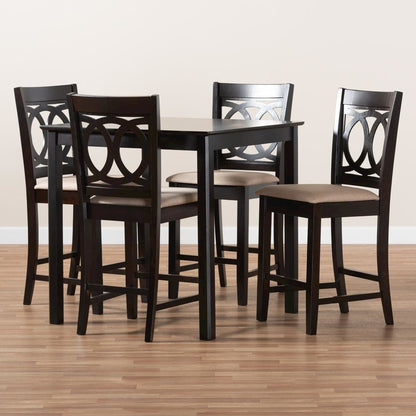 Sand Fabric Upholstered Espresso Brown Finished 5-Piece Wood Pub Set