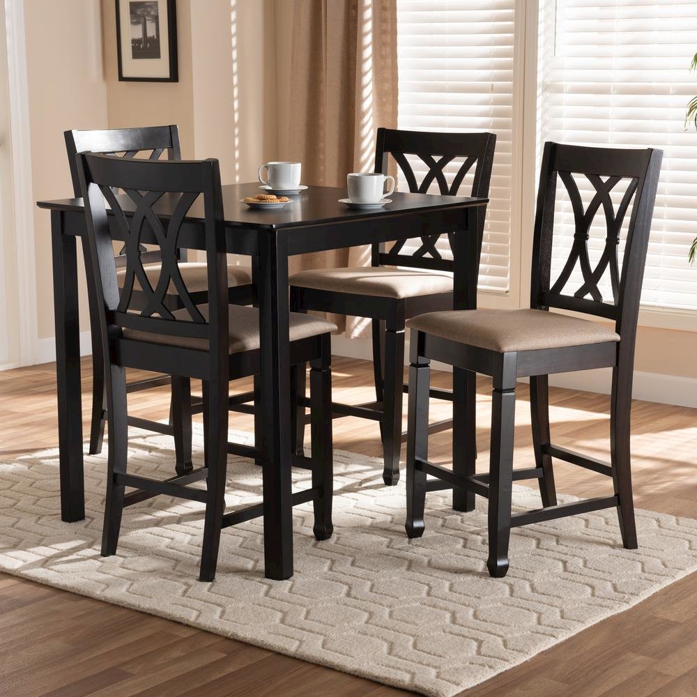 Sand Fabric Upholstered Espresso Brown Finished 5-Piece Wood Pub Set