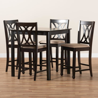 Sand Fabric Upholstered Espresso Brown Finished 5-Piece Wood Pub Set