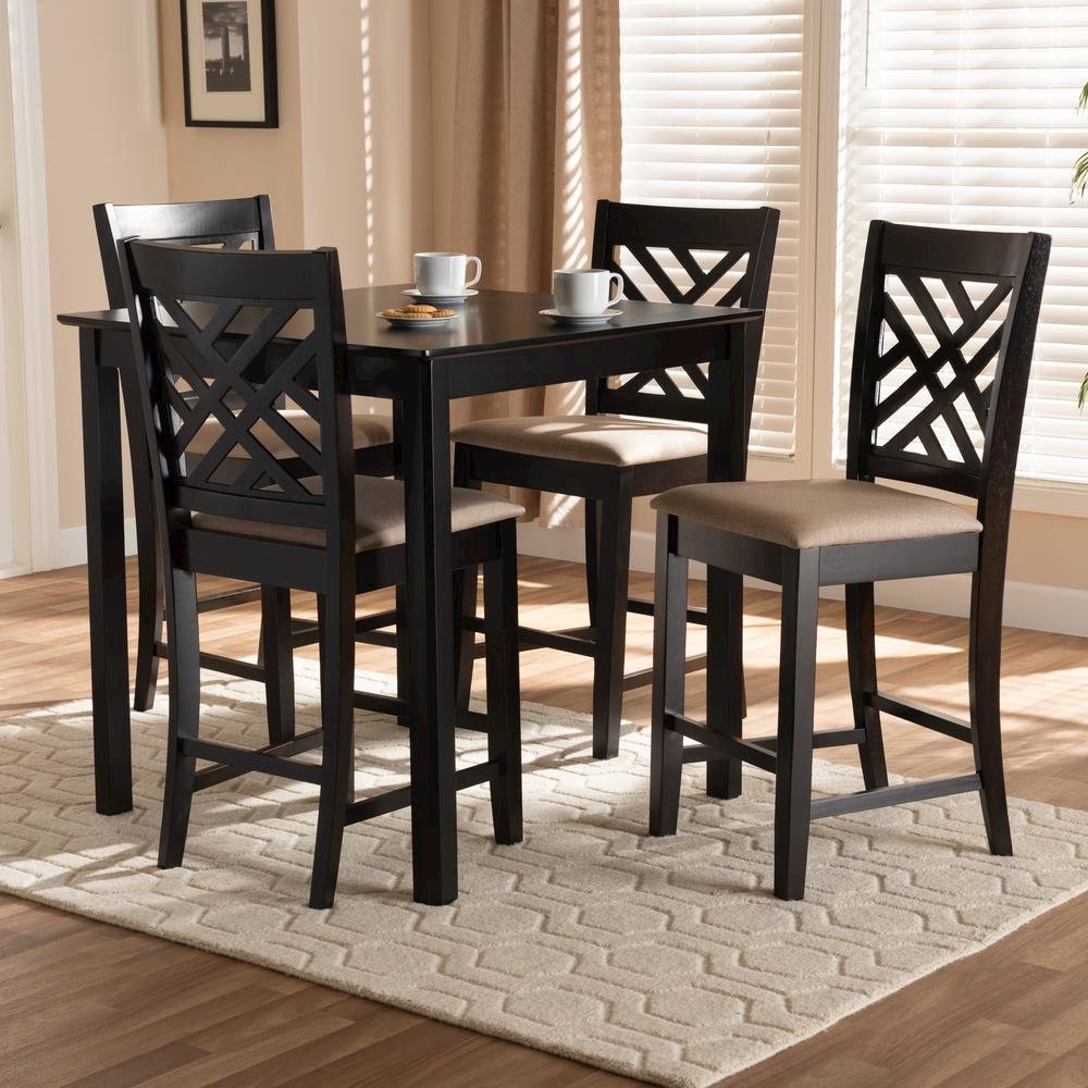 Sand Fabric Upholstered Espresso Brown Finished 5-Piece Wood Pub Set