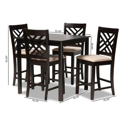 Sand Fabric Upholstered Espresso Brown Finished 5-Piece Wood Pub Set