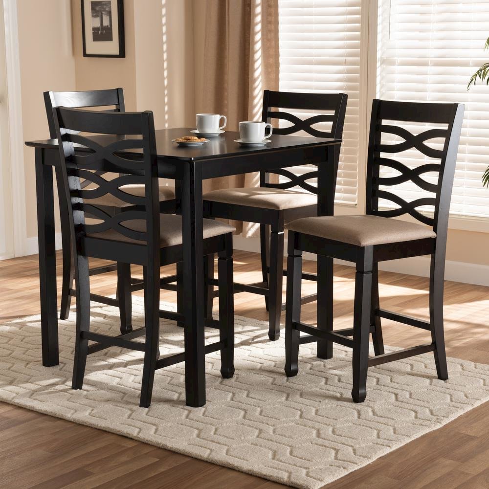 Sand Fabric Upholstered Espresso Brown Finished 5-Piece Wood Pub Set