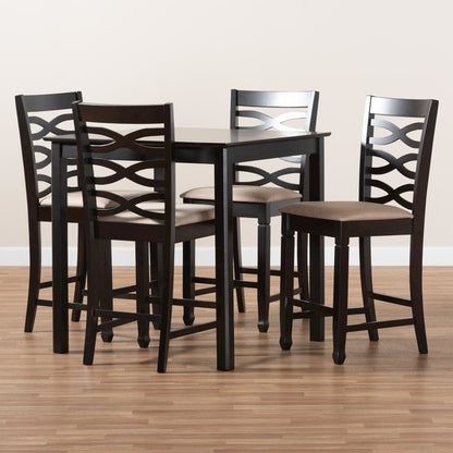 Sand Fabric Upholstered Espresso Brown Finished 5-Piece Wood Pub Set