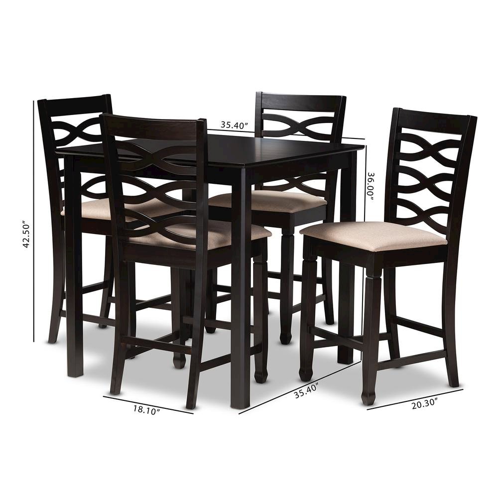 Sand Fabric Upholstered Espresso Brown Finished 5-Piece Wood Pub Set